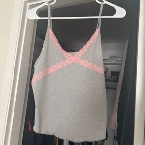Gray Tank Top with Pink Lace Detail